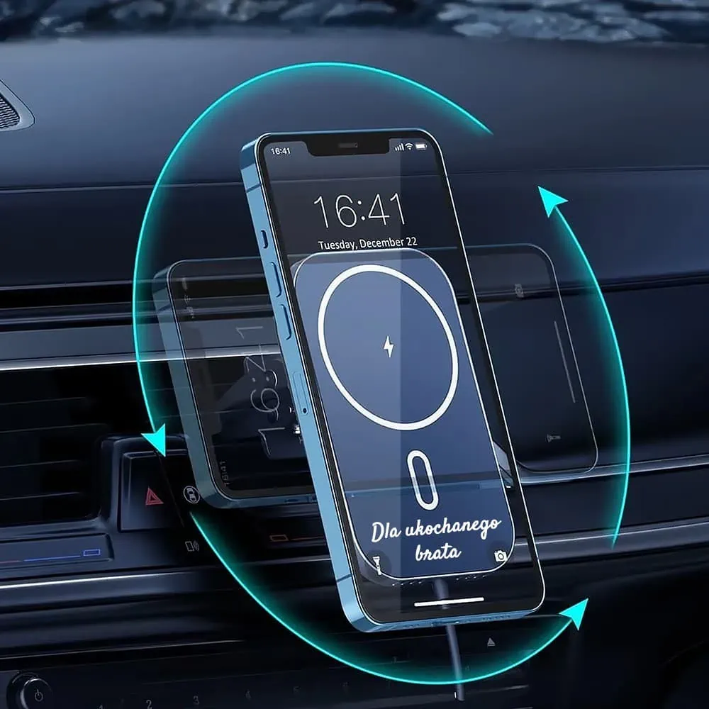 Uchwyt samochodowy MagSafe iPhone 16/15/14/13/12 indukcyjna ładowarka Qi 15W, z własnym napisem, idealny pomysł na prezent dla taty, brata, syna, wujka, czarny