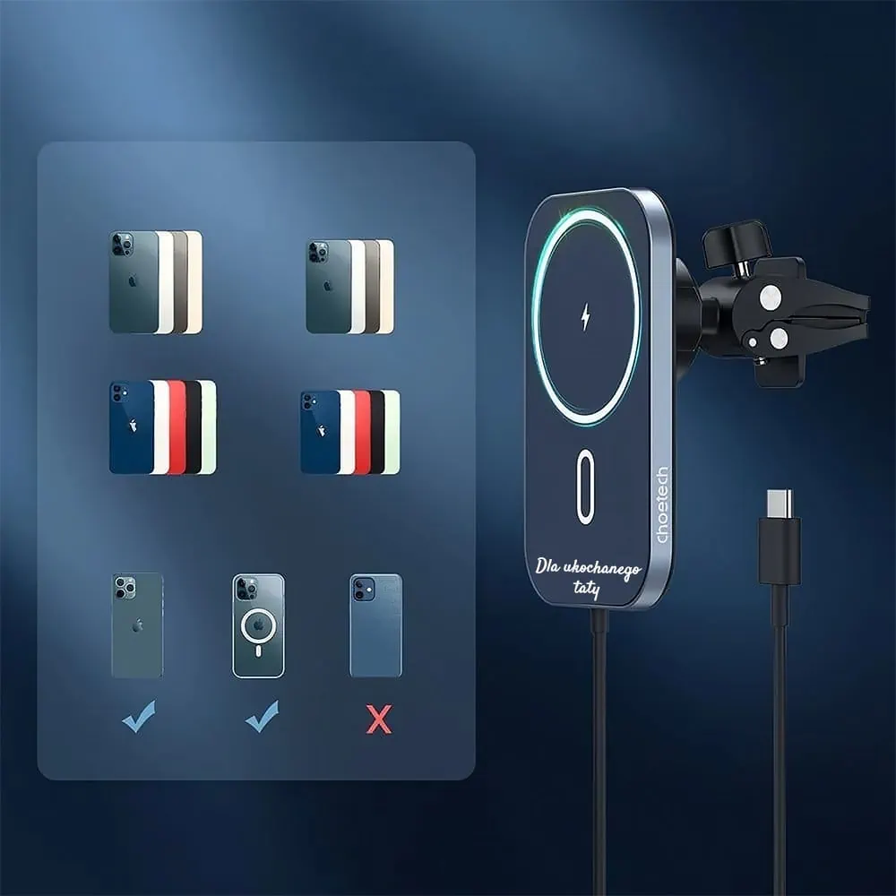 Uchwyt samochodowy MagSafe iPhone 16/15/14/13/12 indukcyjna ładowarka Qi 15W, z własnym napisem, idealny pomysł na prezent dla taty, brata, syna, wujka, czarny