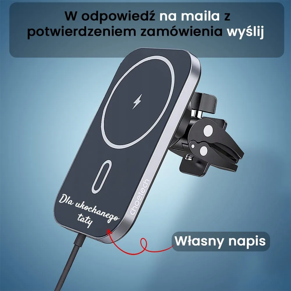 Uchwyt samochodowy MagSafe iPhone 16/15/14/13/12 indukcyjna ładowarka Qi 15W, z własnym napisem, idealny pomysł na prezent dla taty, brata, syna, wujka, czarny