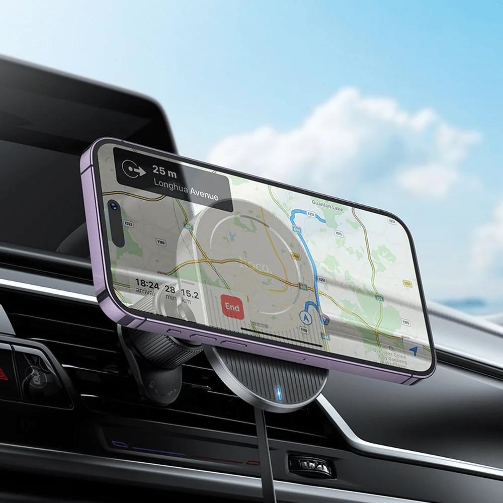 uchwyt samochodowy magsafe ładowanie bezprzewodowe 15w, z wbudowanym kablem, do kratki, czarny