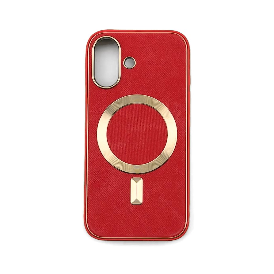 Etui do iPhone 16 Woven MagSafe Luxury, tkanina ze złotymi zdobieniami, czerwone