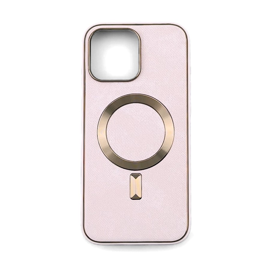 Etui do iPhone 16 Pro Max Woven MagSafe Luxury, tkanina ze złotymi zdobieniami, różowe