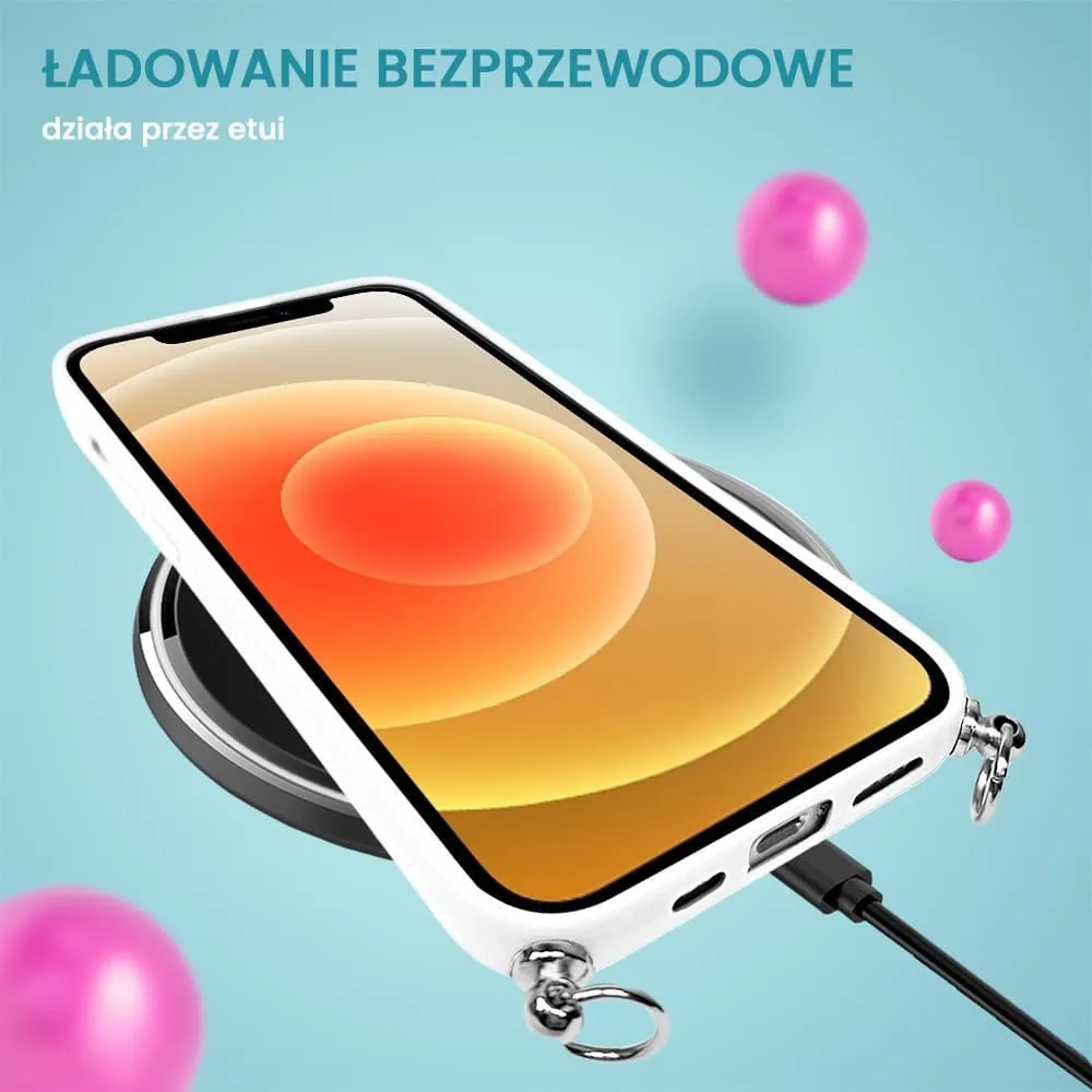 Etui do iPhone 12 Crossbody na ramie jak torebka, z łańcuszkiem i sznurkiem, alabastrowe białe