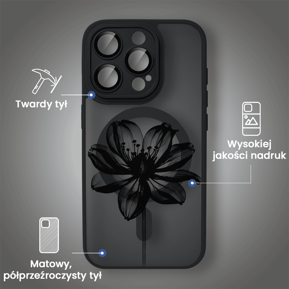 Etui do iPhone 15 Pro Max Color Flush z Magsafe, z osłoną aparatu, z nadrukiem czarny kwiat, czarne