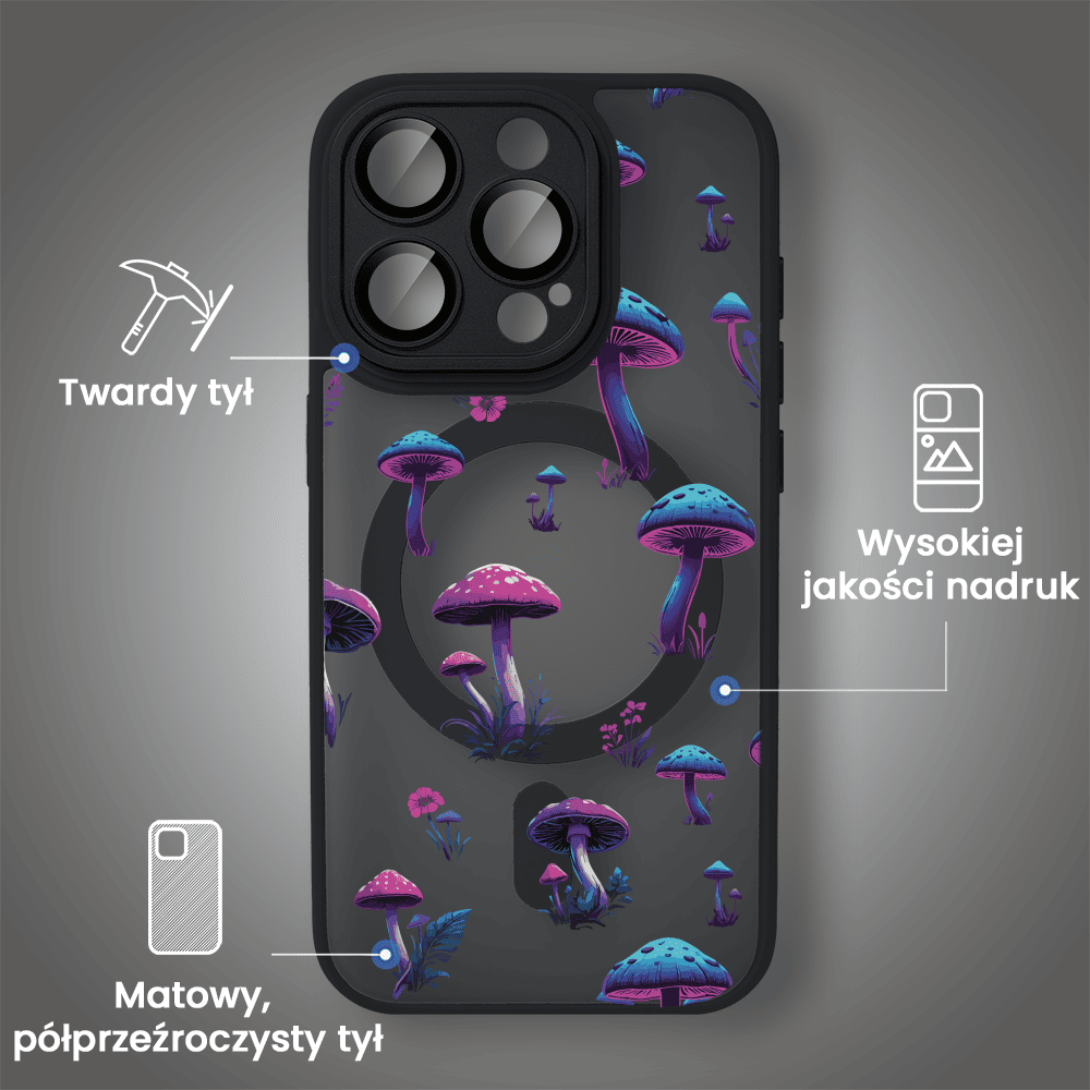 Etui do iPhone 15 Pro Max Color Flush z Magsafe, z osłoną aparatu, z nadrukiem magiczne grzybki, czarne