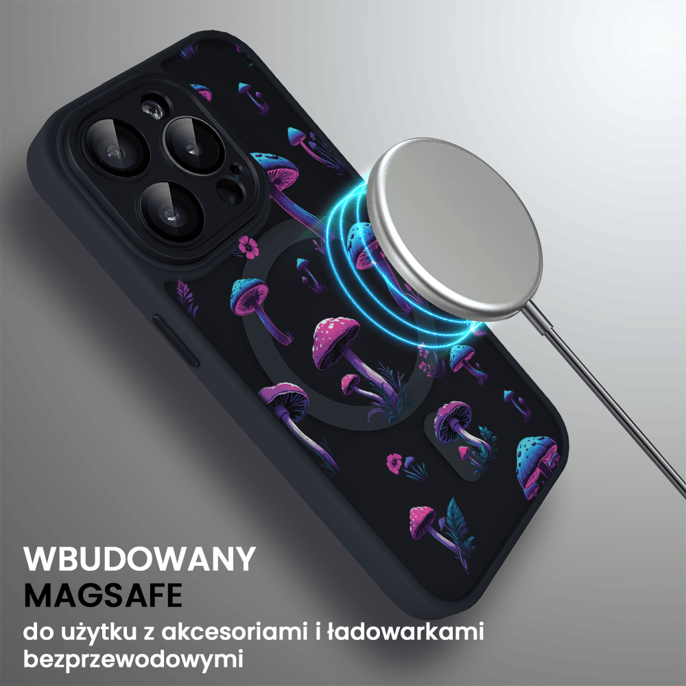 Etui do iPhone 15 Pro Max Color Flush z Magsafe, z osłoną aparatu, z nadrukiem magiczne grzybki, czarne