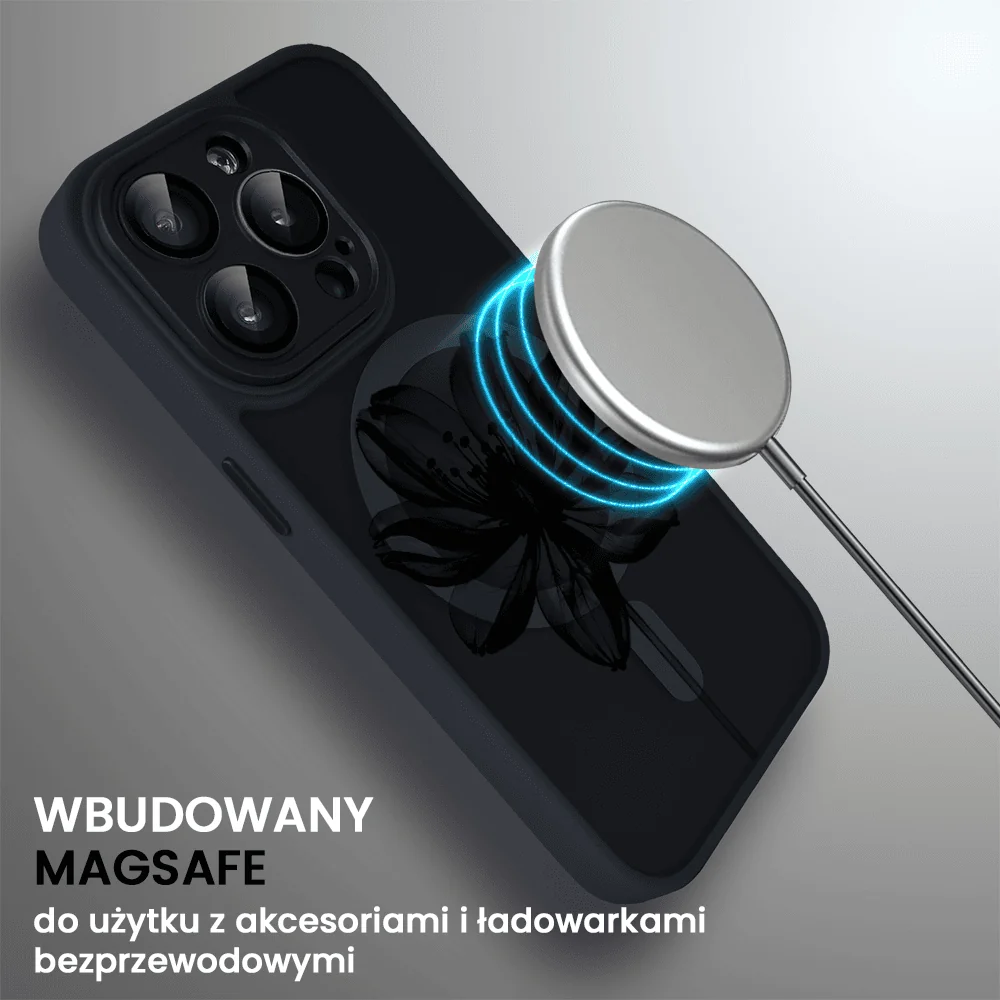 Etui do iPhone 15 Pro Max Color Flush z Magsafe, z osłoną aparatu, z nadrukiem czarny kwiat, czarne