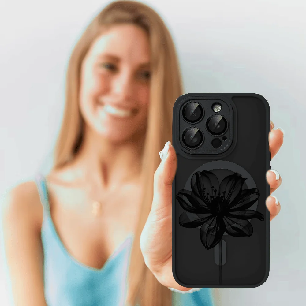 Etui do iPhone 15 Pro Max Color Flush z Magsafe, z osłoną aparatu, z nadrukiem czarny kwiat, czarne