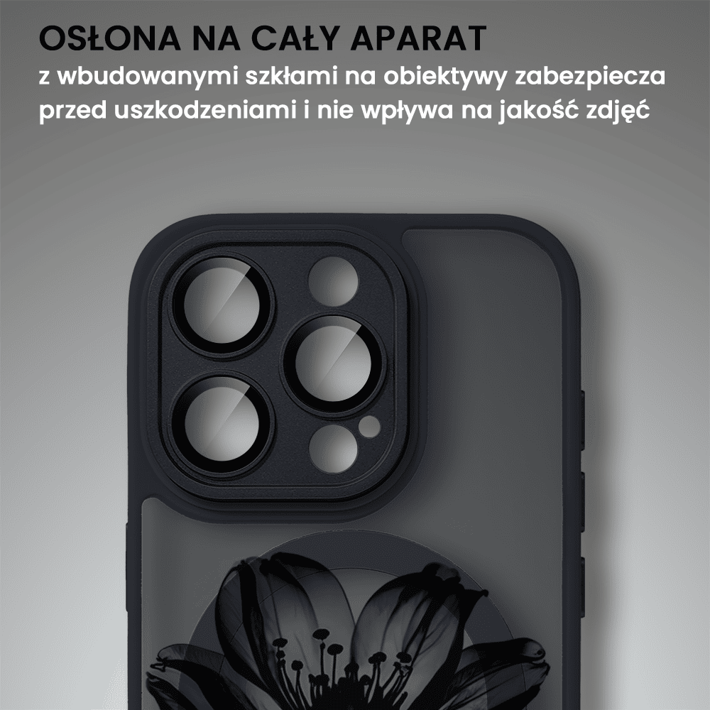 Etui do iPhone 15 Pro Max Color Flush z Magsafe, z osłoną aparatu, z nadrukiem czarny kwiat, czarne
