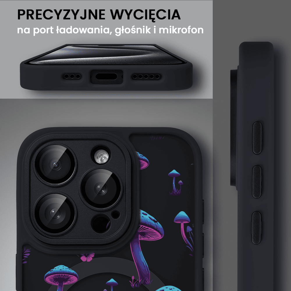 Etui do iPhone 15 Pro Max Color Flush z Magsafe, z osłoną aparatu, z nadrukiem magiczne grzybki, czarne