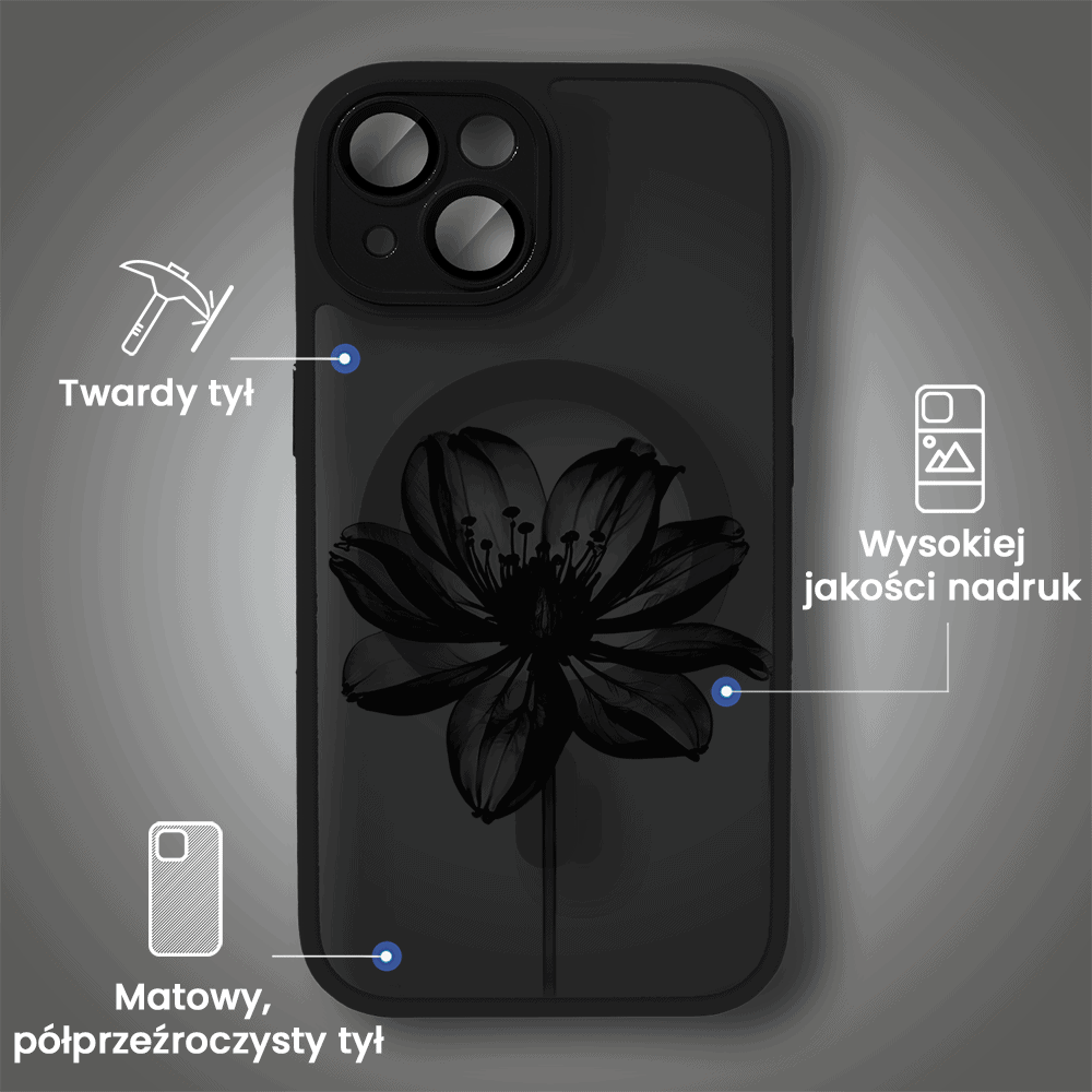 Etui do iPhone 15 Plus Color Flush z Magsafe, z osłoną aparatu, z nadrukiem czarny kwiat, czarne