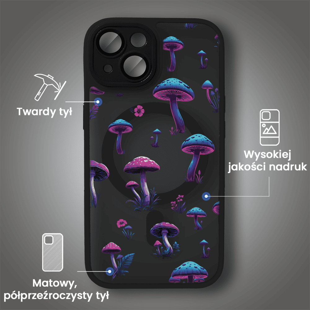 Etui do iPhone 14 Color Flush z Magsafe, z osłoną aparatu, z nadrukiem magiczne grzybki, czarne