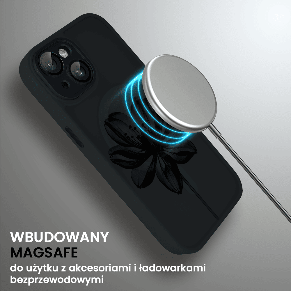 Etui do iPhone 13 Color Flush z Magsafe, z osłoną aparatu, z nadrukiem czarny kwiat, czarne