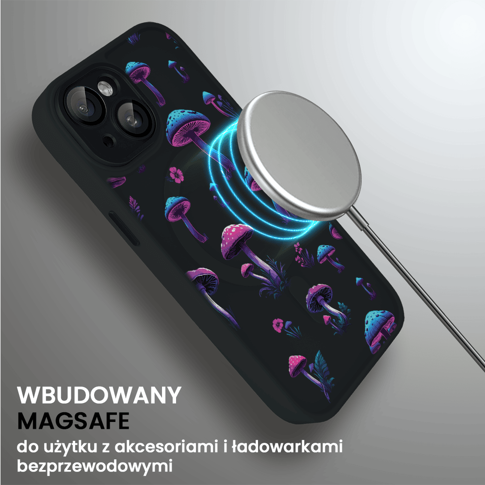 Etui do iPhone 15 Plus Color Flush z Magsafe, z osłoną aparatu, z nadrukiem magiczne grzybki, czarne