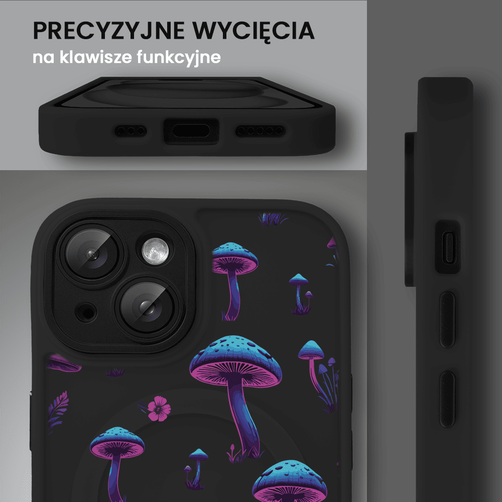 Etui do iPhone 15 Plus Color Flush z Magsafe, z osłoną aparatu, z nadrukiem magiczne grzybki, czarne