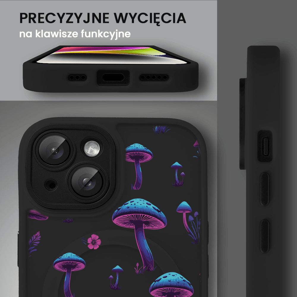 Etui do iPhone 14 Color Flush z Magsafe, z osłoną aparatu, z nadrukiem magiczne grzybki, czarne