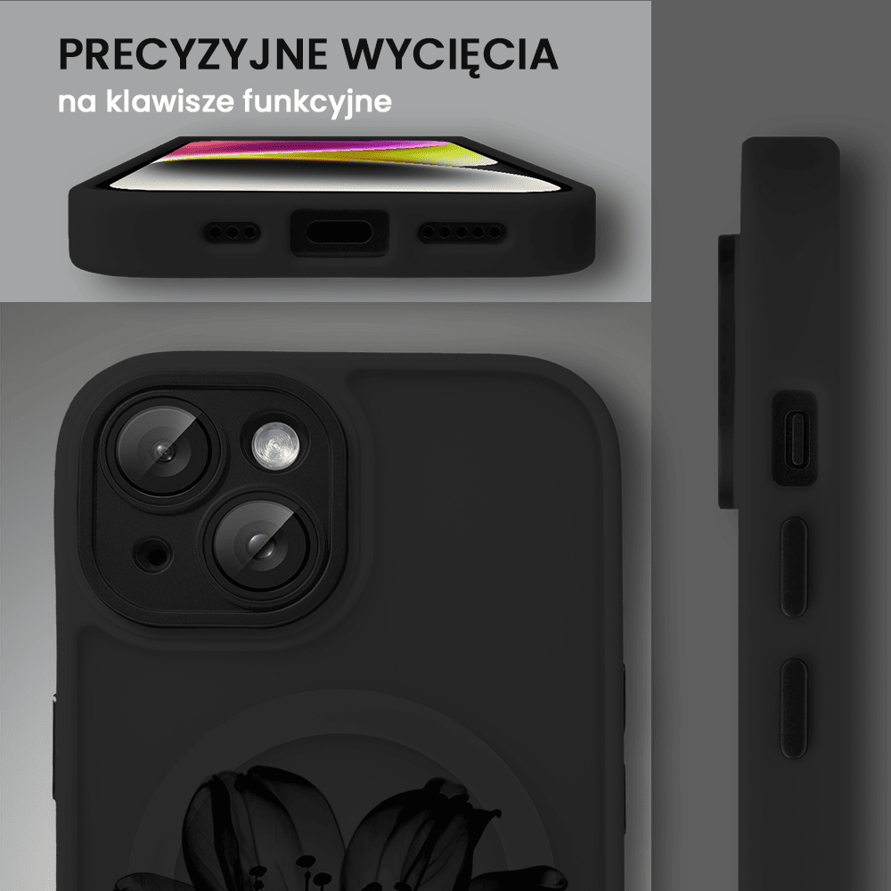 Etui do iPhone 13 Color Flush z Magsafe, z osłoną aparatu, z nadrukiem czarny kwiat, czarne