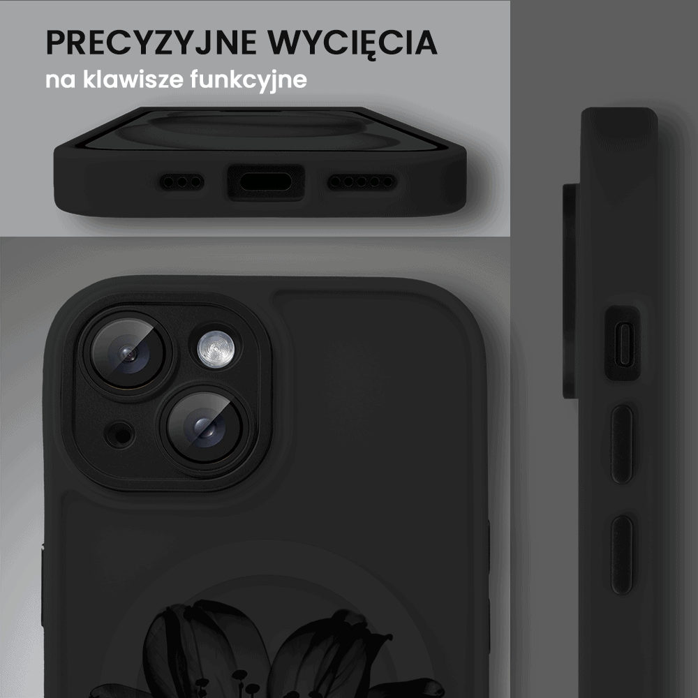 Etui do iPhone 15 Color Flush z Magsafe, z osłoną aparatu, z nadrukiem czarny kwiat, czarne