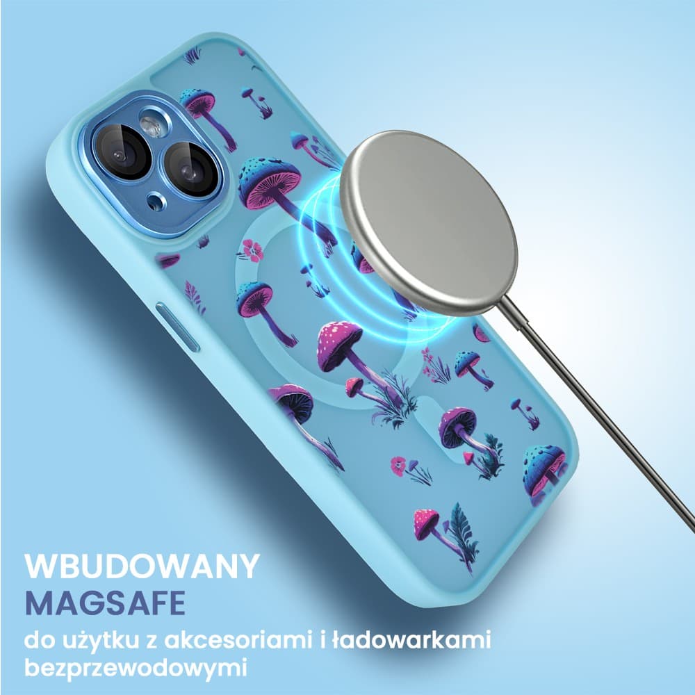 Etui do iPhone 14 Color Flush z Magsafe, z osłoną aparatu, z nadrukiem magiczne grzybki, niebieskie