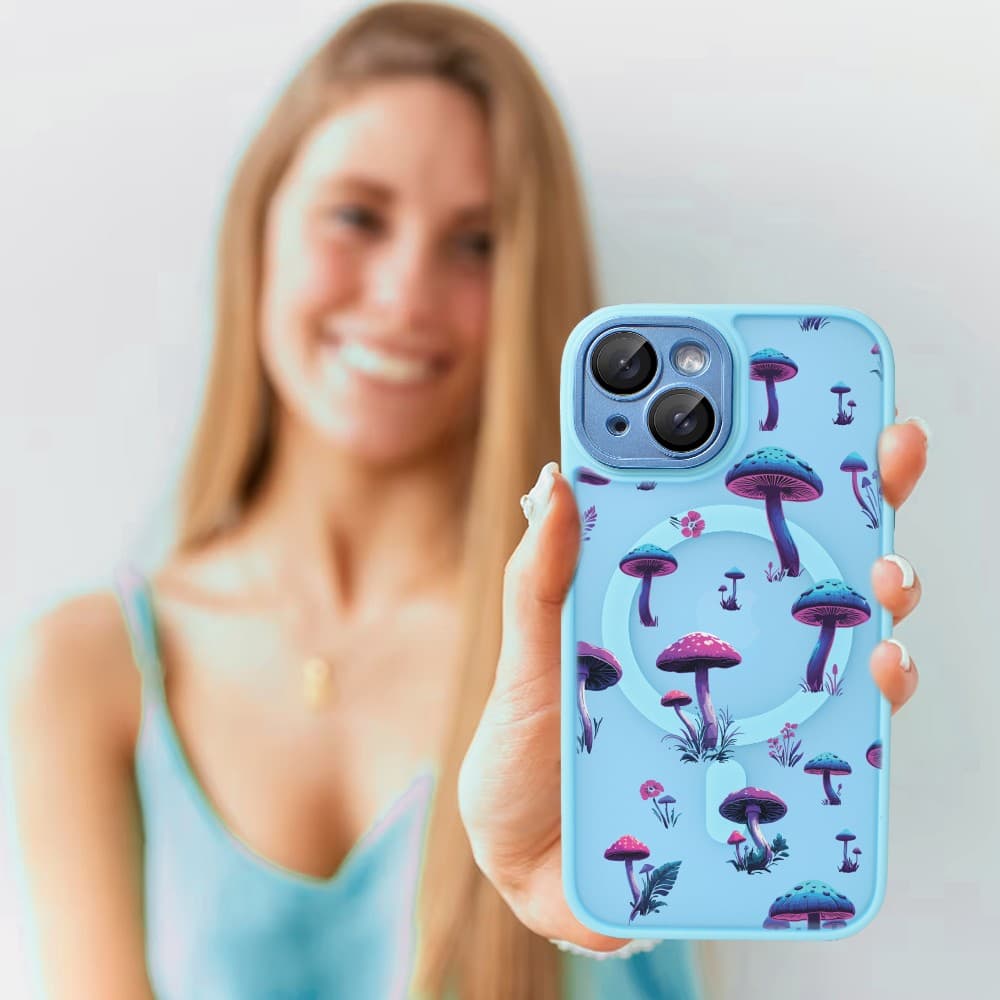 Etui do iPhone 15 Plus Color Flush z Magsafe, z osłoną aparatu, z nadrukiem magiczne grzybki, niebieskie