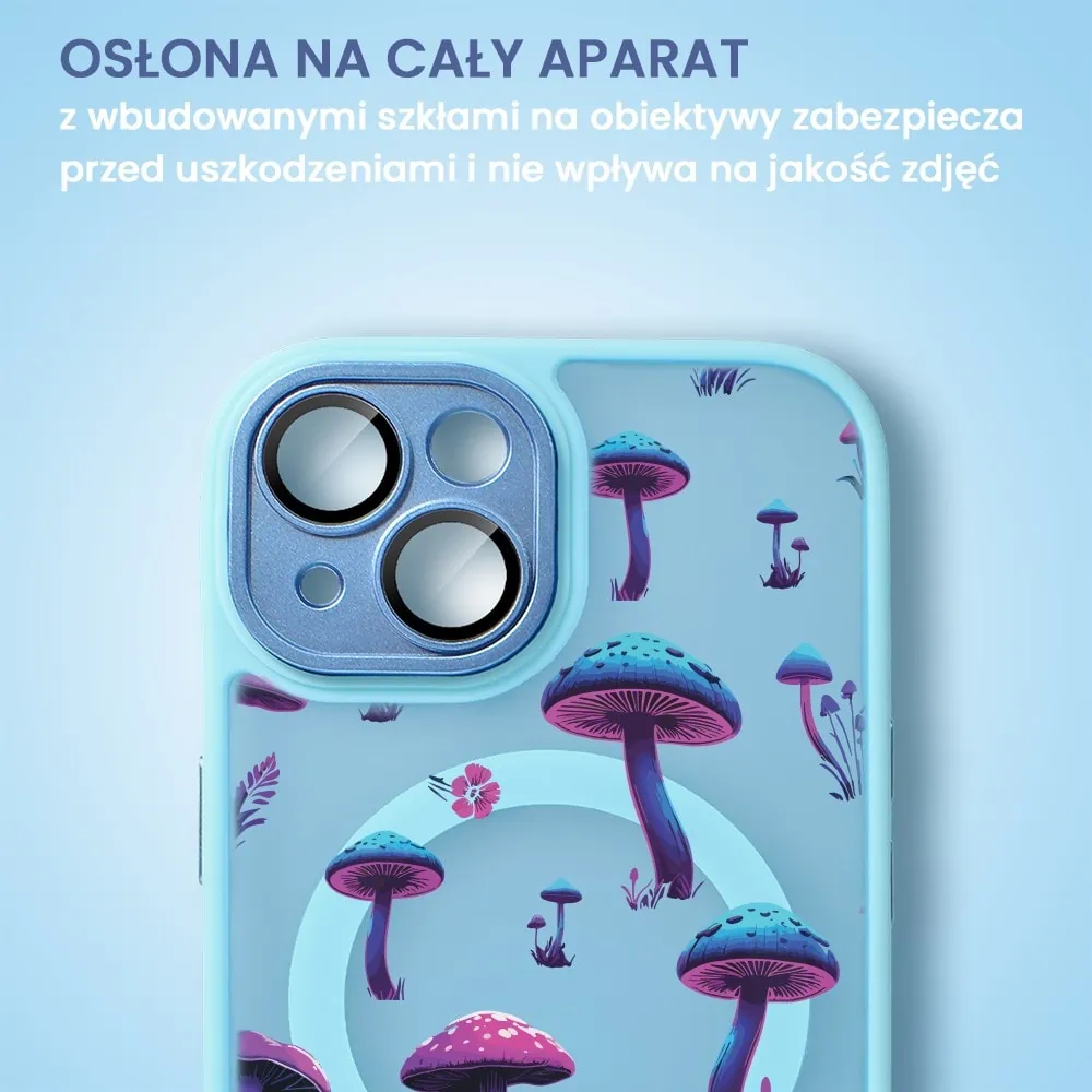 Etui do iPhone 14 Color Flush z Magsafe, z osłoną aparatu, z nadrukiem magiczne grzybki, niebieskie