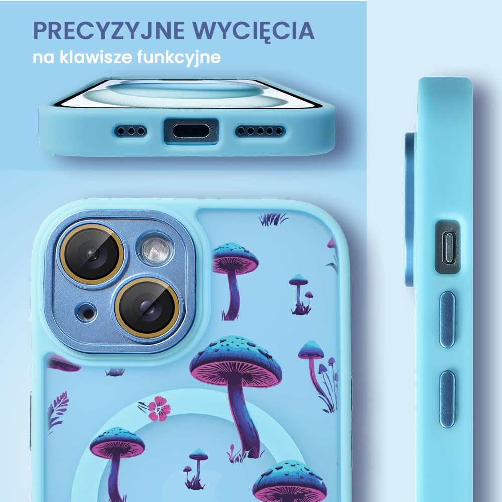 Etui do iPhone 15 Plus Color Flush z Magsafe, z osłoną aparatu, z nadrukiem magiczne grzybki, niebieskie