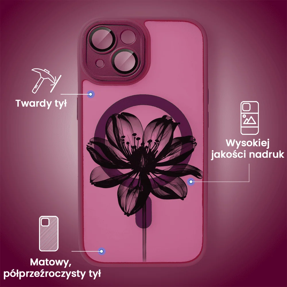 Etui do iPhone 15 Color Flush z Magsafe, z osłoną aparatu, z nadrukiem czarny kwiat, wiśniowe