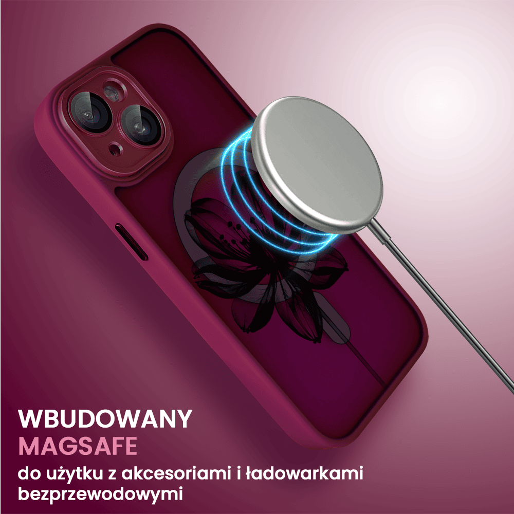 Etui do iPhone 15 Plus Color Flush z Magsafe, z osłoną aparatu, z nadrukiem czarny kwiat, wiśniowe