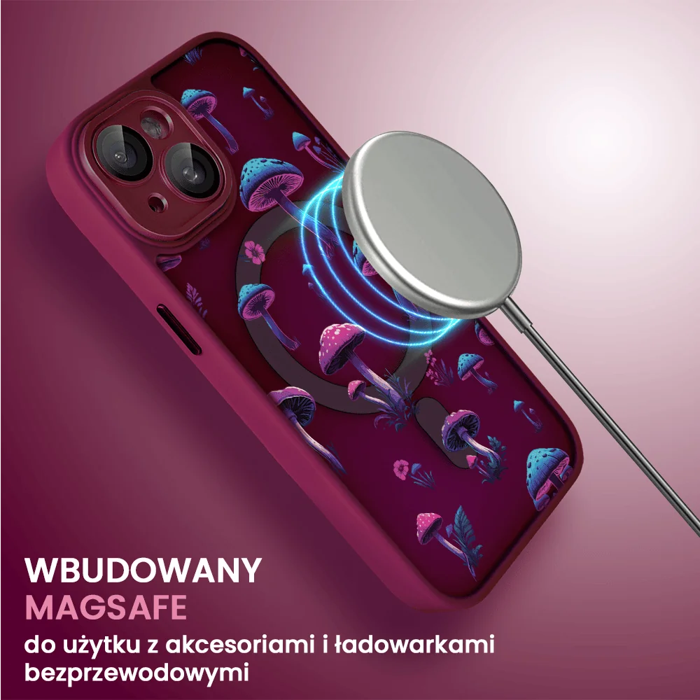 Etui do iPhone 15 Plus Color Flush z Magsafe, z osłoną aparatu, z nadrukiem magiczne grzybki, wiśniowe