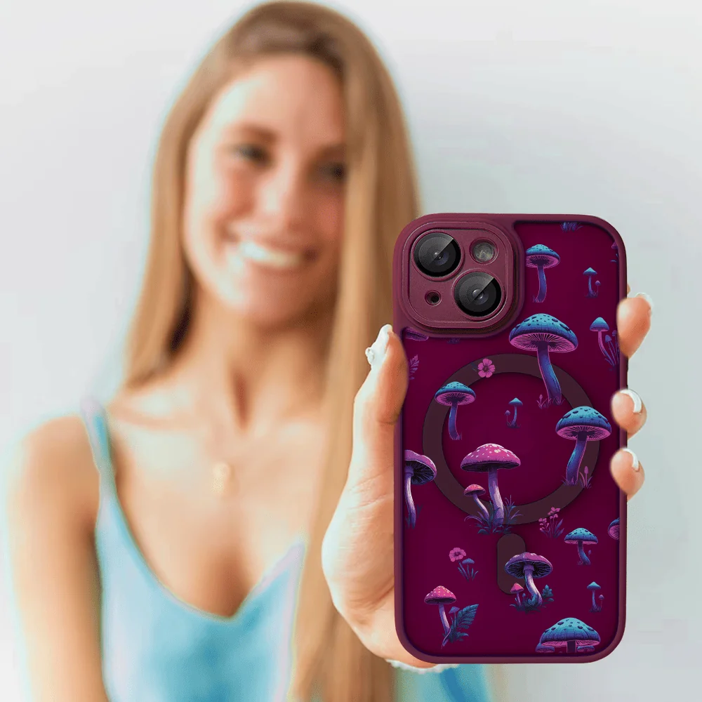 Etui do iPhone 15 Plus Color Flush z Magsafe, z osłoną aparatu, z nadrukiem magiczne grzybki, wiśniowe