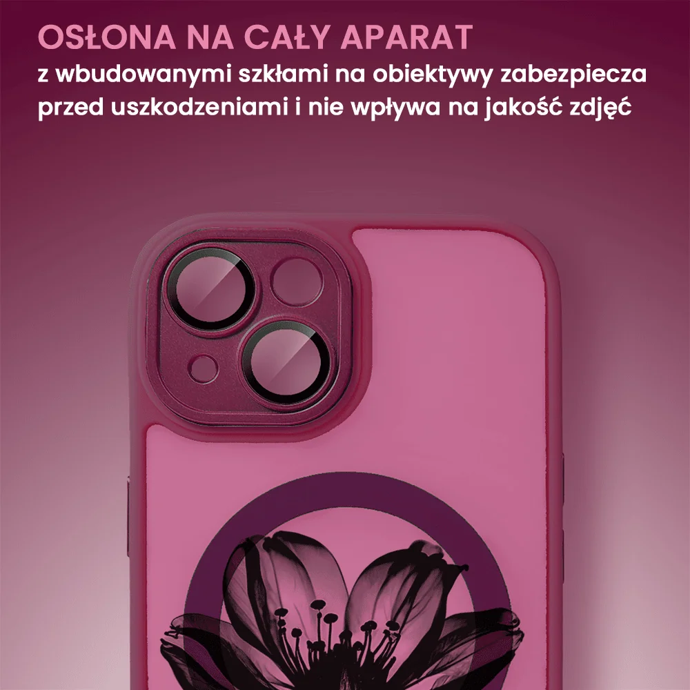 Etui do iPhone 15 Color Flush z Magsafe, z osłoną aparatu, z nadrukiem czarny kwiat, wiśniowe