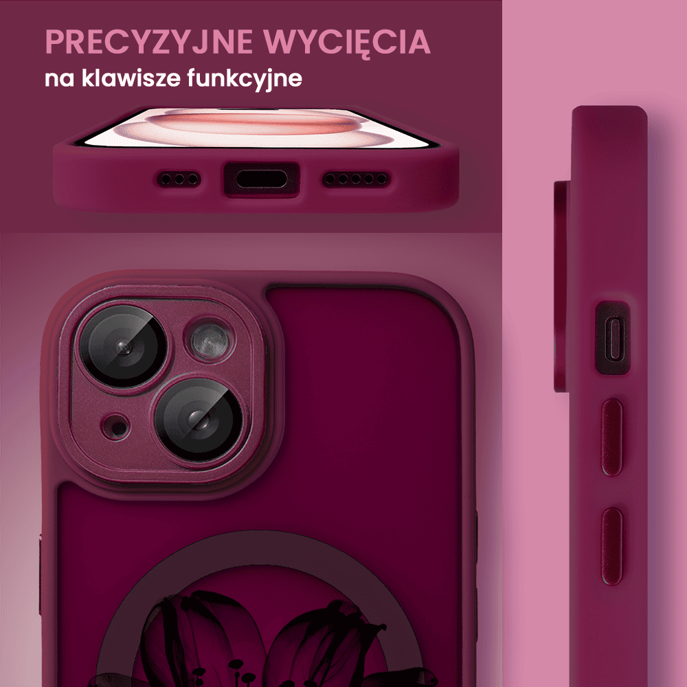 Etui do iPhone 15 Plus Color Flush z Magsafe, z osłoną aparatu, z nadrukiem czarny kwiat, wiśniowe