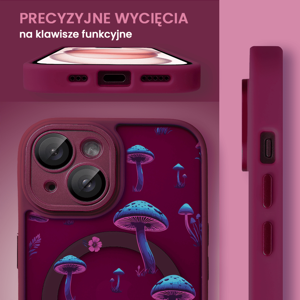 Etui do iPhone 15 Plus Color Flush z Magsafe, z osłoną aparatu, z nadrukiem magiczne grzybki, wiśniowe