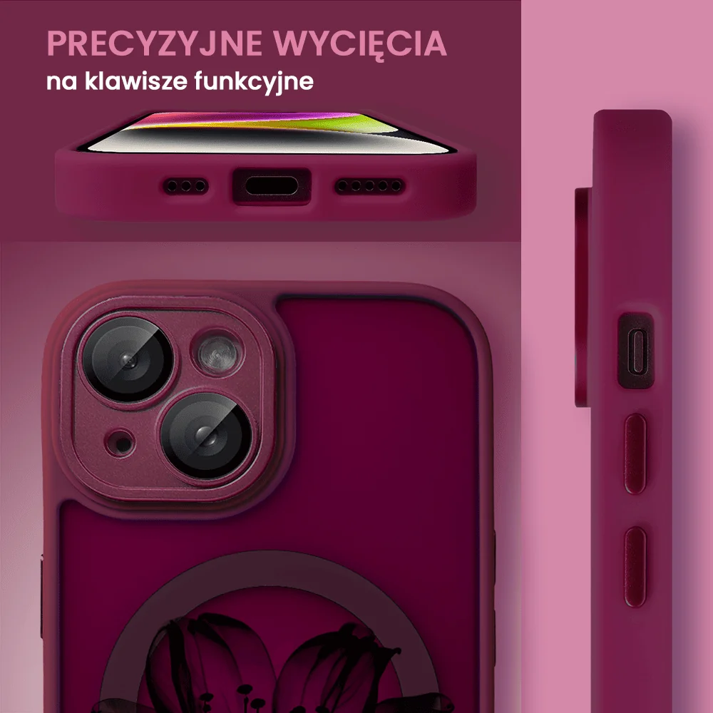 Etui do iPhone 13 Color Flush z Magsafe, z osłoną aparatu, z nadrukiem czarny kwiat, wiśniowe