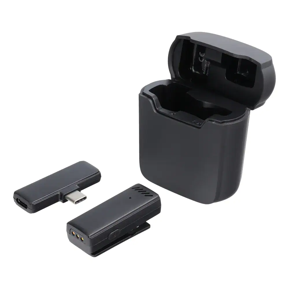 Mikrofon bezprzewodowy do iPhone 15/16 z wejściem USB typ C i pudełkiem ładującym, czarny
