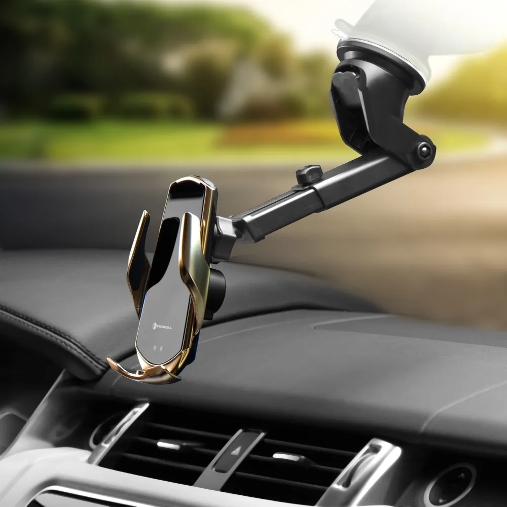 Uchwyt samochodowy z ładowaniem bezprzewodowym, automatyczne ramiona, do kratki wlotu, przedniej szyby, złoty