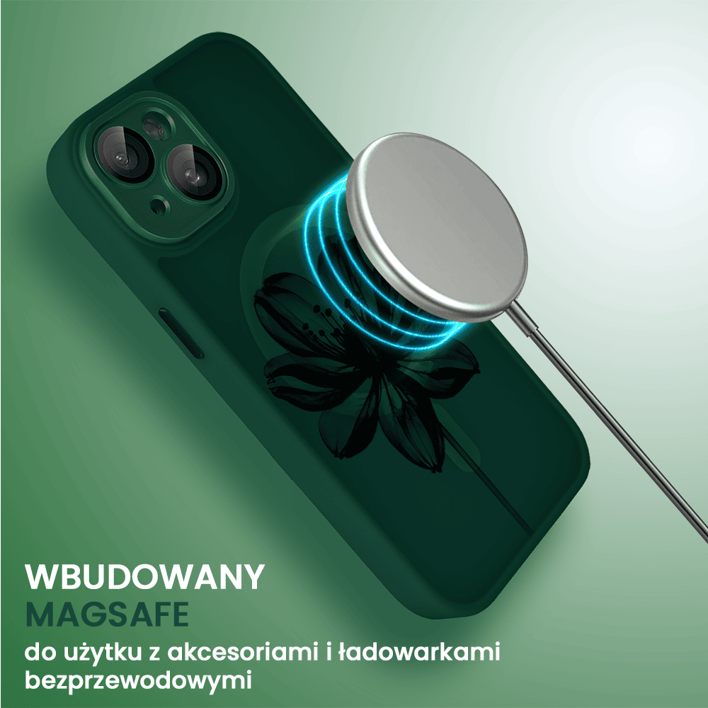 Etui do iPhone 13 Color Flush z Magsafe, z osłoną aparatu, z nadrukiem czarny kwiat, ciemno zielone