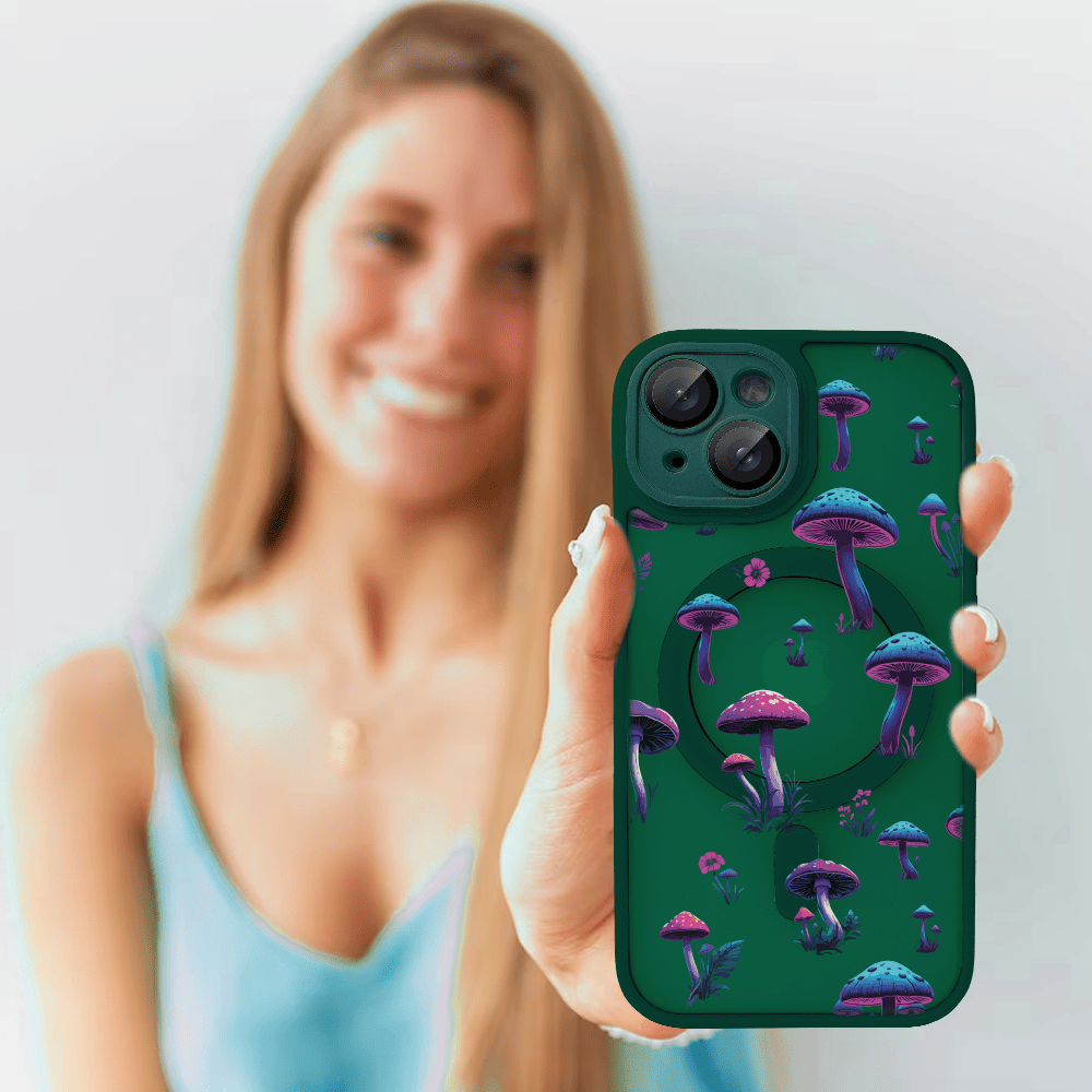 Etui do iPhone 15 Plus Color Flush z Magsafe, z osłoną aparatu, z nadrukiem magiczne grzybki, ciemna zieleń