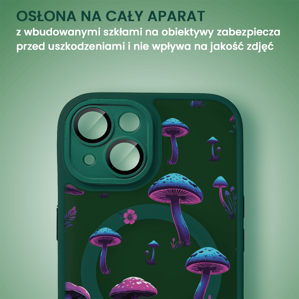 Etui do iPhone 15 Plus Color Flush z Magsafe, z osłoną aparatu, z nadrukiem magiczne grzybki, ciemna zieleń