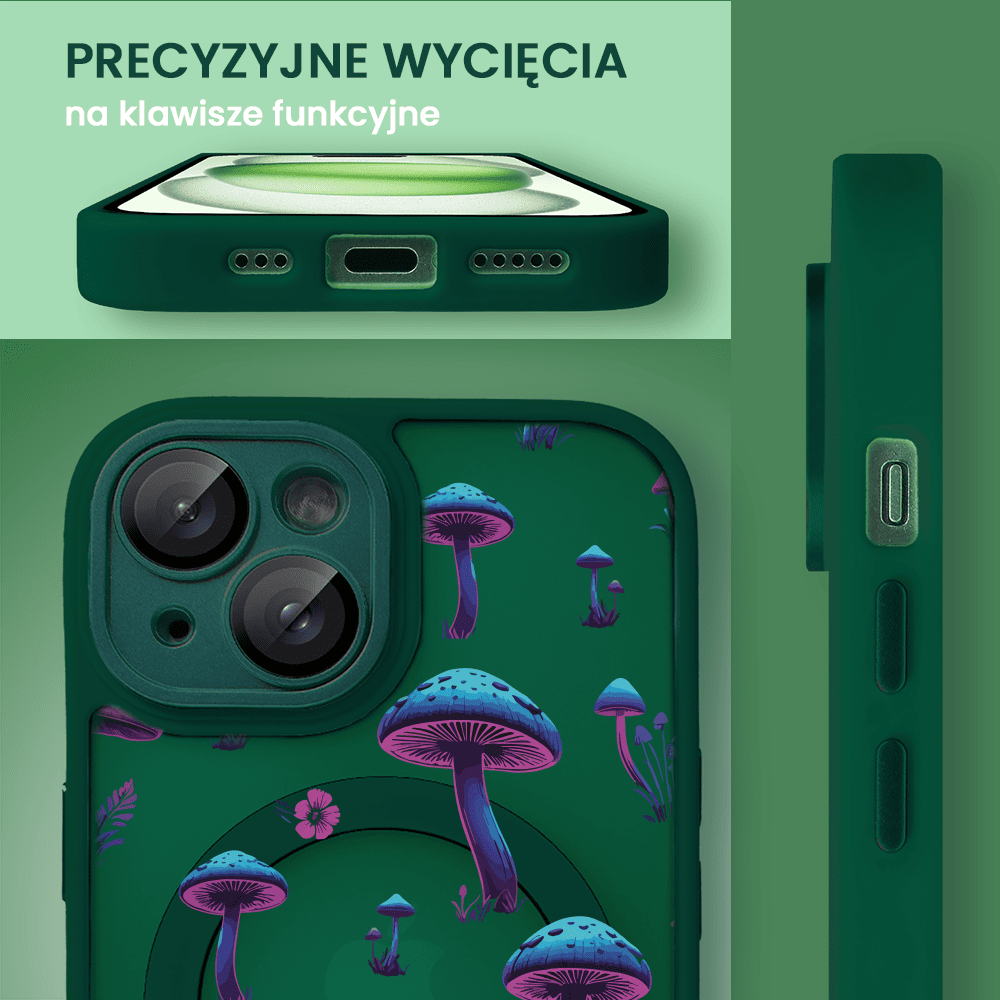 Etui do iPhone 15 Plus Color Flush z Magsafe, z osłoną aparatu, z nadrukiem magiczne grzybki, ciemna zieleń