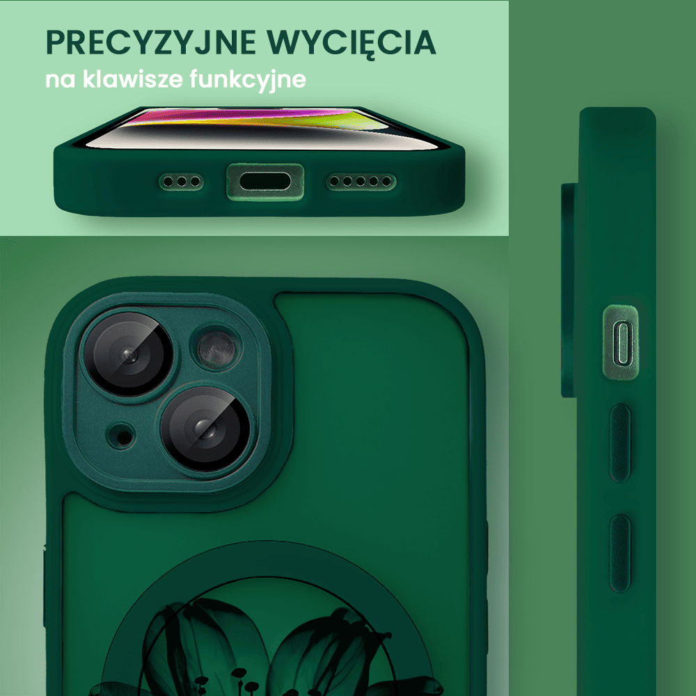 Etui do iPhone 13 Color Flush z Magsafe, z osłoną aparatu, z nadrukiem czarny kwiat, ciemno zielone