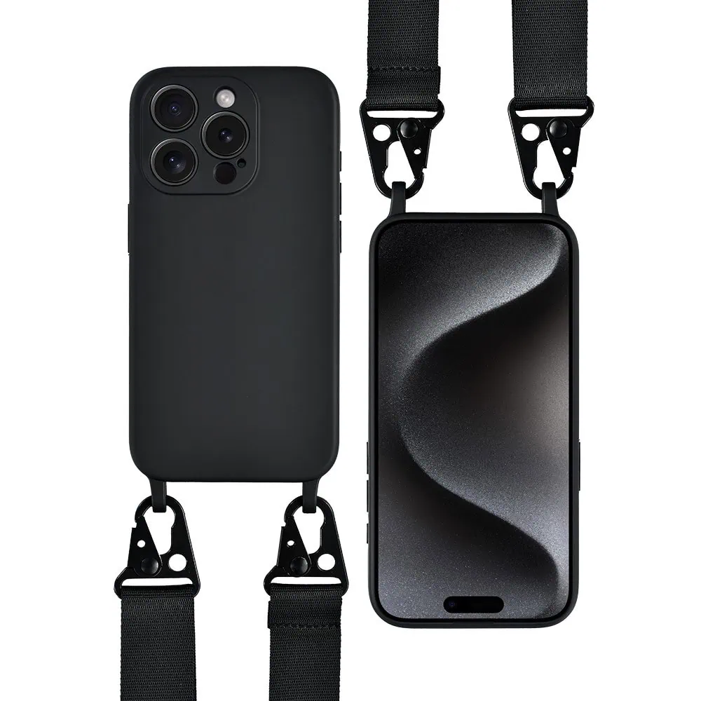 Etui do iPhone 15 Pro, crossbody z paskiem jak torebka, osłona aparatu, czarne