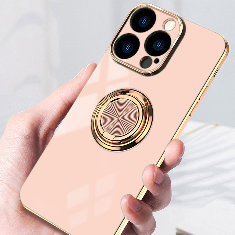 Etui do iPhone 13 Pro Max eleganckie, ze złotym, metalowym uchwytem i zdobieniami, z osłoną na aparat,złoty róż (OUTLET)