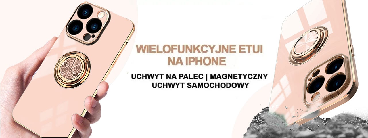 Etui do iPhone 14 Pro eleganckie, ze złotym, metalowym uchwytem i zdobieniami, osłona na aparat, złoty róż
