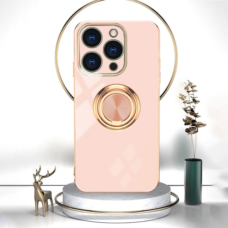 Etui do iPhone 13 Pro Max eleganckie, ze złotym, metalowym uchwytem i zdobieniami, z osłoną na aparat,złoty róż (OUTLET)