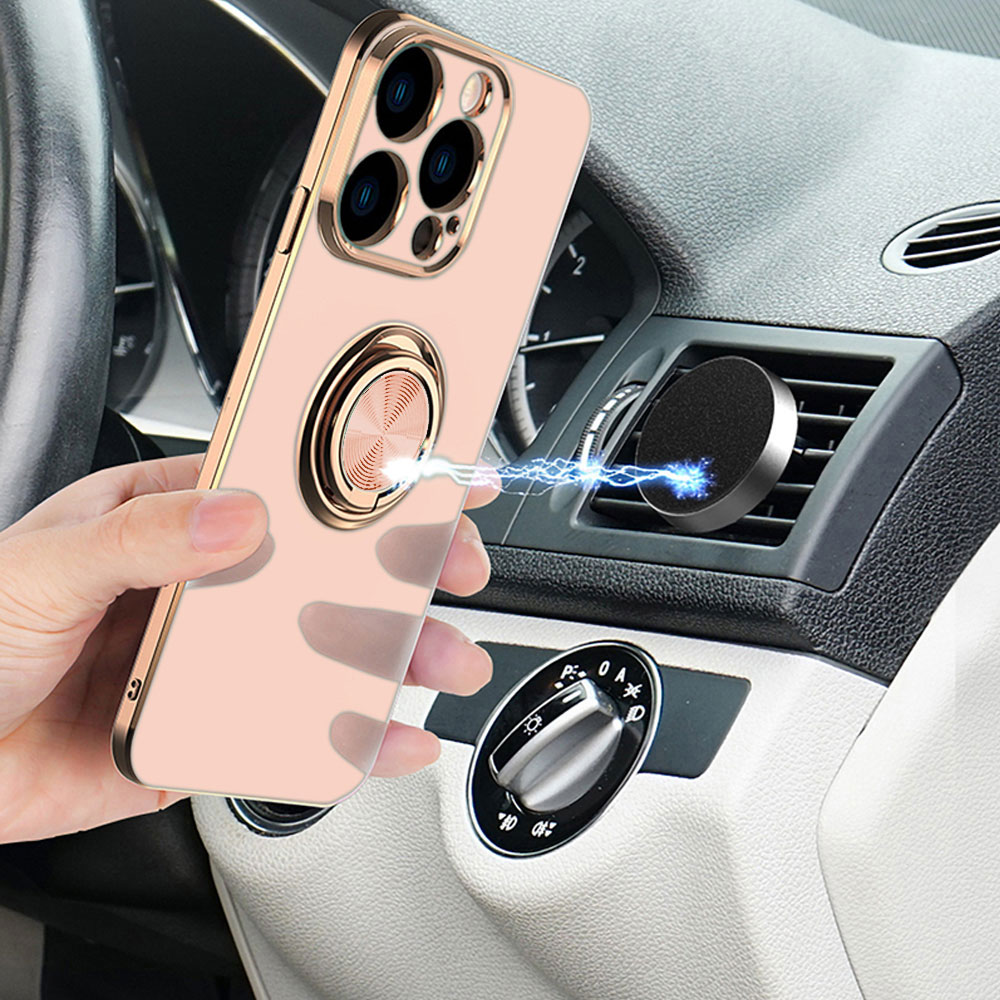 Etui do iPhone 13 Pro Max eleganckie, ze złotym, metalowym uchwytem i zdobieniami, z osłoną na aparat,złoty róż (OUTLET)