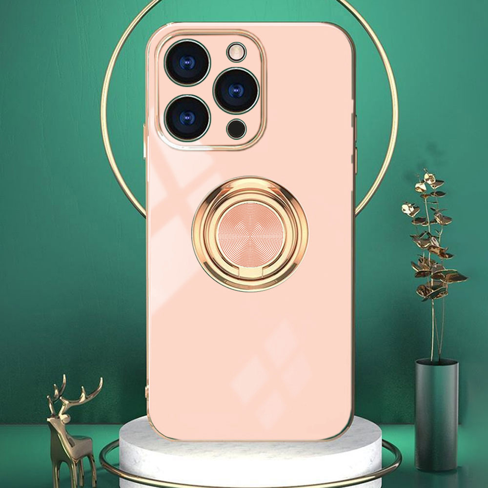 Etui do iPhone 15 Pro Max eleganckie, ze złotym, metalowym uchwytem i zdobieniami, osłona na aparat, złoty róż