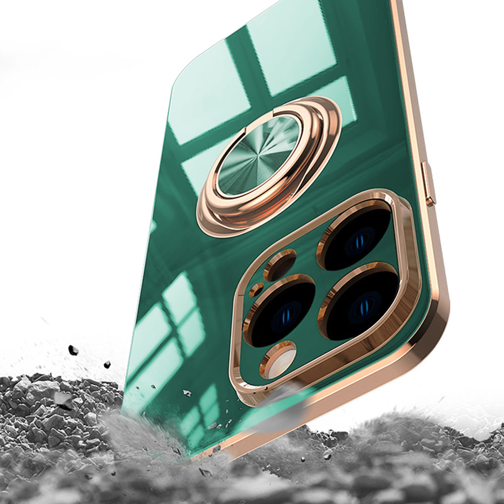 Etui do iPhone 15 Pro Max eleganckie, ze złotym, metalowym uchwytem i zdobieniami, osłona na aparat, zielone