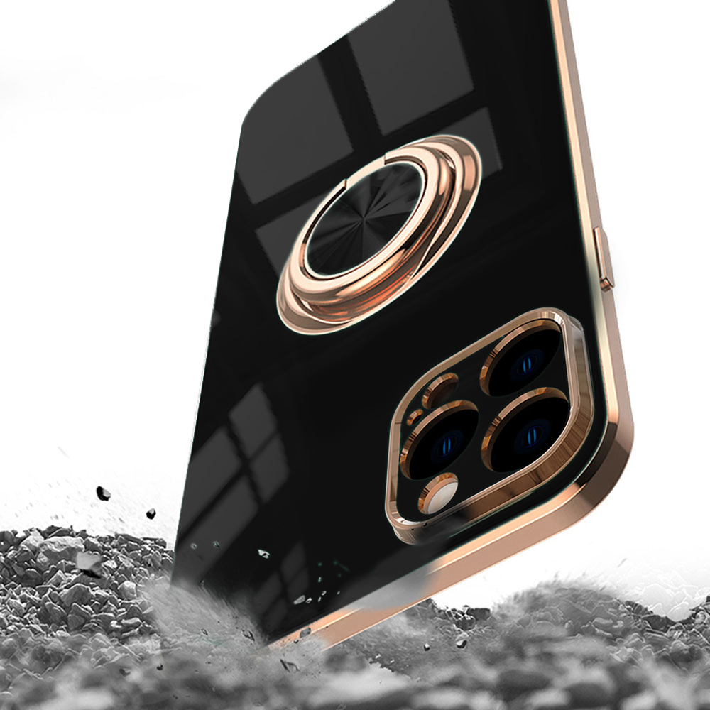 Etui do iPhone 13 Pro Max eleganckie, ze złotym, metalowym uchwytem i zdobieniami, osłona na aparat, czarne (OUTLET)