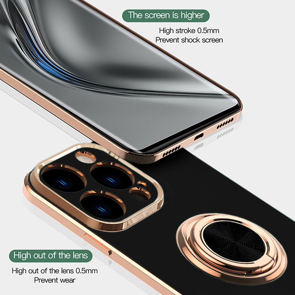 Etui do iPhone 14 Pro eleganckie, ze złotym, metalowym uchwytem i zdobieniami, osłona na aparat, czarne